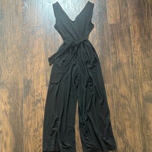 Women's Black V-Neck Wide-Leg Jumpsuit with Waist Tie